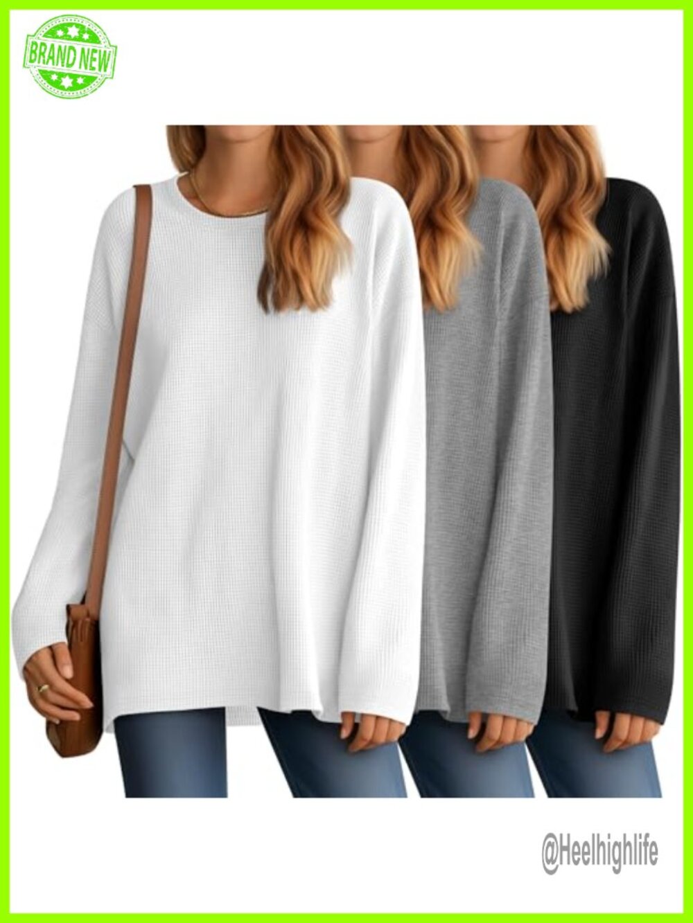 Waffle Knit Oversized Long Sleeve Tunic Tee 3 Pack Fall Top